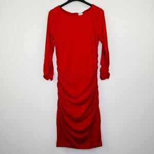 Caché Women's Medium Dress Red Ruched Shift Long Sleeve Studded Boat Neck BH15